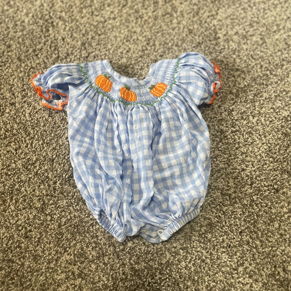 Smocked Pumpkin Blue Gingham Bubble
